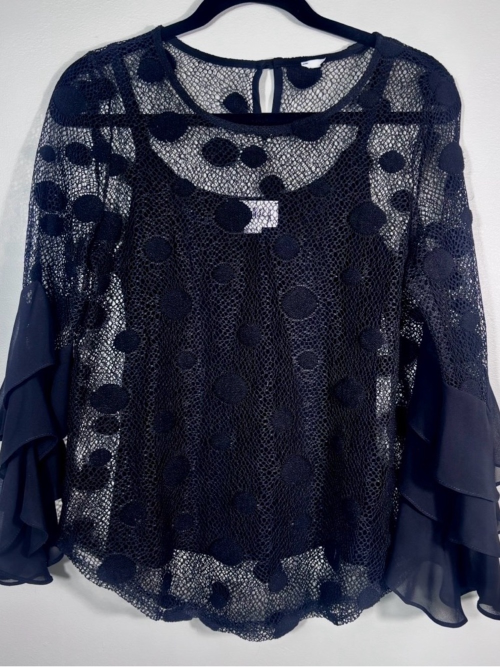 Joseph Ribkoff Black Sheer Polka Dot Lace Blouse with Ruffle Sleeves